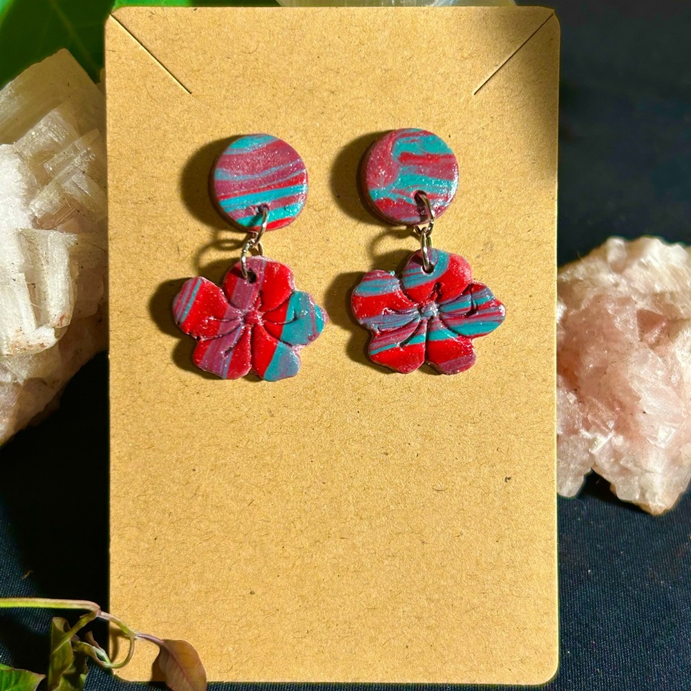 Handcrafted Red and Blue Floral Hibiscus Dangle Stud Earrings
